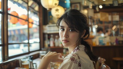 Young Asian girl in a vintage Asian cafe