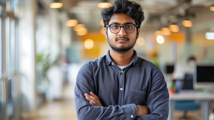 Portrait of a young successful Indian male programmer, developer standing in an office center, crossing his arms over his chest and looking seriously at the camera - obrazy, fototapety, plakaty