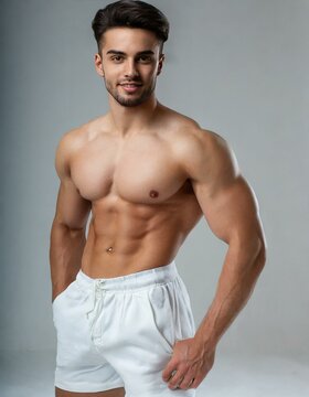 man with six pack and white shorts on white background
