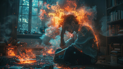 Portrait of inner turmoil: A man contemplates in flames, a visual metaphor for the anguish of living with anxiety,generative ai - obrazy, fototapety, plakaty