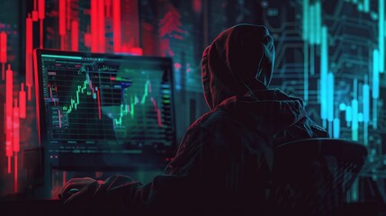 Cyber hacker contemplates deeply with a backdrop of vibrant stock exchange data charts across multiple monitors - obrazy, fototapety, plakaty