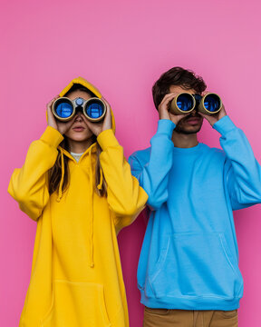 A man and a woman carefully look through binoculars against a vibrant pink isolated background highlighting their shared sense of curiosity and adventure