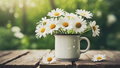 Rustic white enamel mug filled with fresh white daisies on a wooden table with a soft-focus green garden background