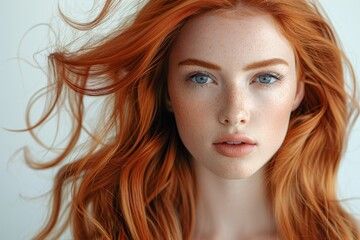 young woman with long silky straight orange brown hair isolated on white background Hair color for the beauty salon industry, color styles,close-up portrait of Hair orange color woman.