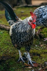 Beautiful cockerel with a white mane walks with his chickens in the garden. chickens on traditional free range poultry