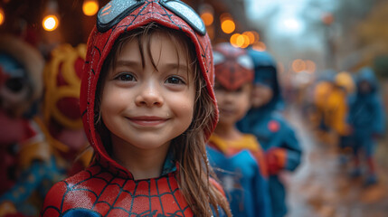 Smiling Child in a Superhero Costume at a Rainy Day Children's Parade