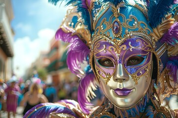 Colorful mardi gras parade with masked revelers dancing in festive atmosphere. Concept Mardi Gras Parade, Festive Atmosphere, Masked Revelers, Dance Performances, Colorful Costumes