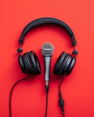 Vintage style microphone and headphones on a vibrant red background