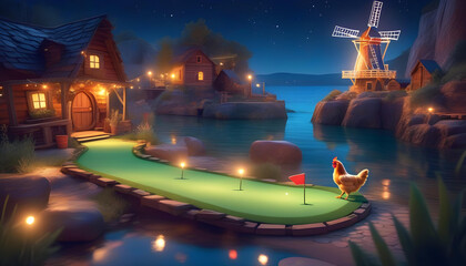 A chicken playing mini golf with a windmill and string lights in the background, with a blue water  - Powered by Adobe