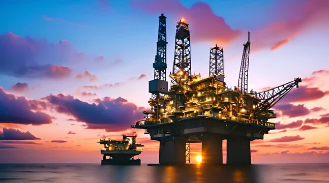 Offshore Jack Up Rig in The Middle of The Sea at Sunset Time