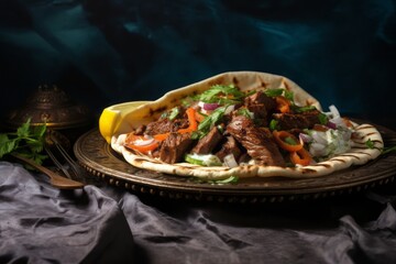 Refined kebab on a rustic plate against a painted gypsum board background - obrazy, fototapety, plakaty