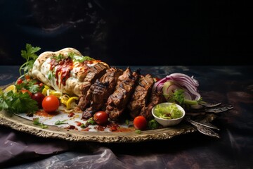 Exquisite kebab on a porcelain platter against a painted gypsum board background