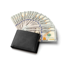 Men's wallet with 100 dollars banknotes on a white background, top view.