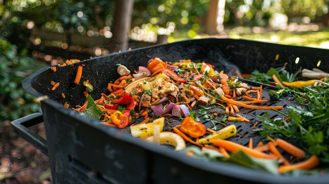 Composting food scraps in a backyard compost bin