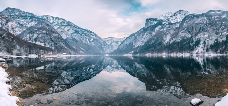 panoramic photo of lake mountains reflecting on the water Generative AI