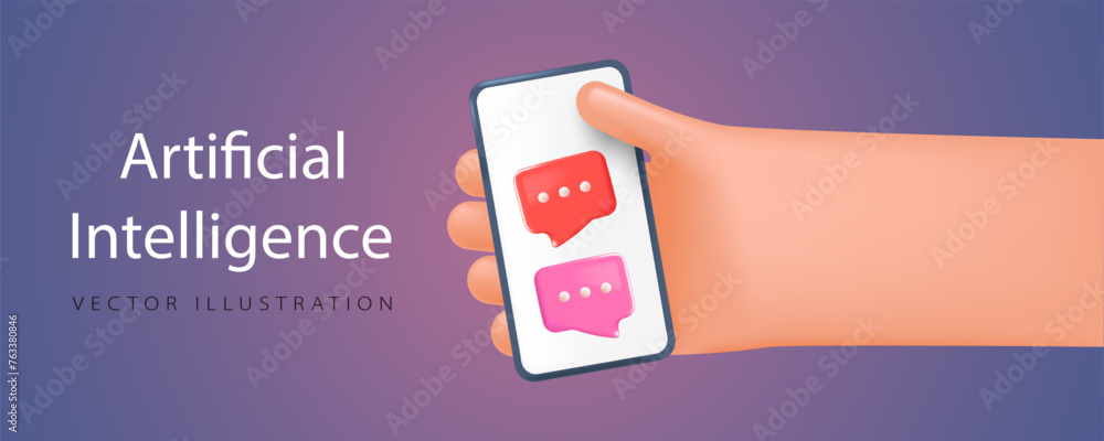 Poster correspondence with a chat bot or support service, concept banner in realistic 3d style. artificial 