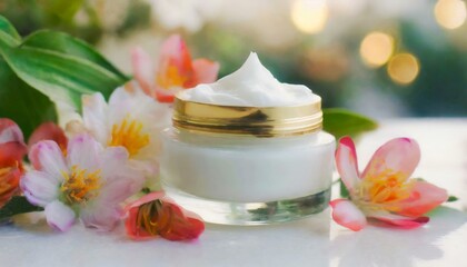 Fototapeta na wymiar whitening and moisturizing Face cream in an open glass jar and flowers on white background