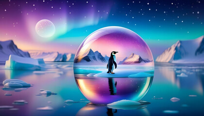 A glass sphere with a penguin figurine surrounded by a winter wonderland scene with colorful...