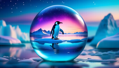 A glass snow globe with a penguin figurine inside and a colorful background of a winter wonderland scene