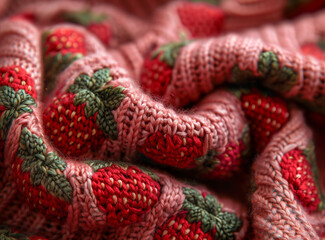 Knitted fabric with a strawberry pattern - obrazy, fototapety, plakaty
