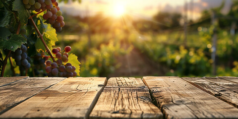 Wood table top on blurred vineyard landscape background
