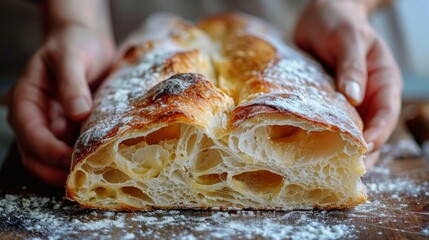 Hands gently holding a piece of ciabatta bread, displaying its soft, airy interior and golden crust, on a wooden surface - obrazy, fototapety, plakaty