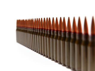 Bullets for firearms, live military cartridges on a white background.