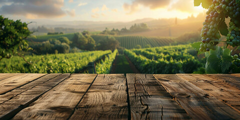 Wood table top on blurred vineyard landscape background