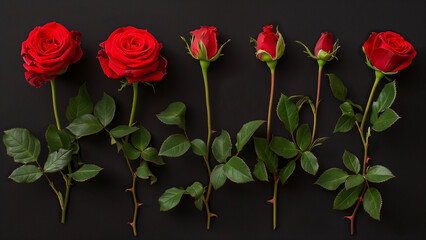 Naklejka premium Crimson Contrast: Red Roses on Black Background