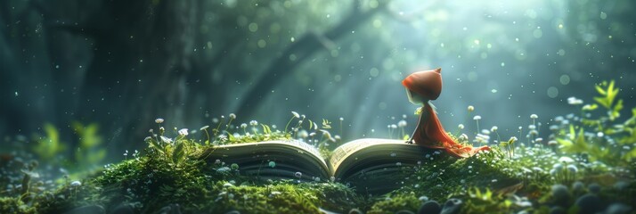 Whimsical character in a red cloak sitting on an open book in a magical forest glade with rays of light - obrazy, fototapety, plakaty