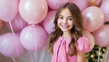 Obraz premium Portrait of attractive young girl in pink dress against background of pink helium party balloons