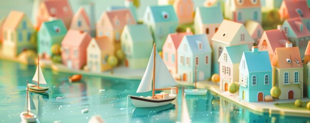 A 3D illustration of a cute seaside town, with pastel houses and small boats bobbing in the harbor for a charming summer vibe