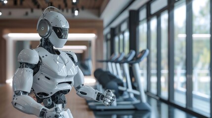 A 3D robot as a fitness trainer, leading workout sessions with dynamic movements, monitoring clients' progress with smart sensors