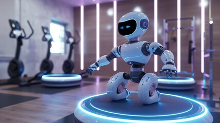 A 3D robot as a fitness trainer, leading workout sessions with dynamic movements, monitoring clients' progress with smart sensors