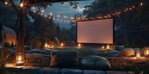 A 3D scene of an outdoor summer movie night with a giant screen and bean bags, creating a cozy and entertaining summer theme