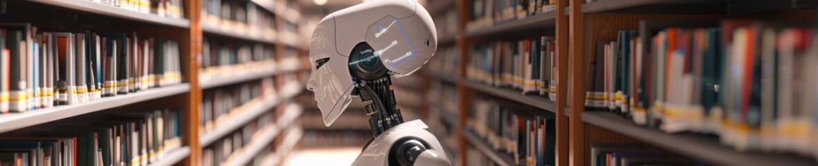 A 3D robot as a librarian, sorting and shelving books with meticulous accuracy, managing digital catalogs effortlessly - obrazy, fototapety, plakaty