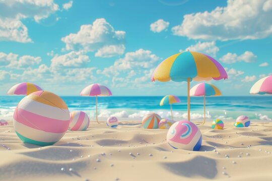A 3D rendering of a cute beach scene with cartoon sun umbrellas and colorful beach balls, perfect for a playful summer theme