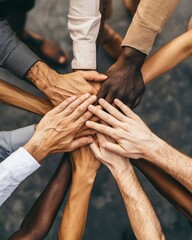 Overhead view of a team hands together in unity - obrazy, fototapety, plakaty