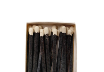 Black matches in a box on a white background.