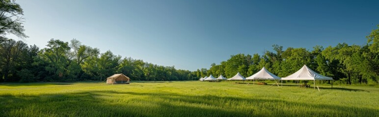 Fototapeta na wymiar An outdoor meadow with white camping tents against a background of blue sky and green trees.