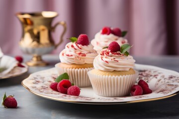 Exquisite cupcakes on a porcelain platter against a painted gypsum board background