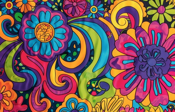 A 60s flower power motif with psychedelic colors and patterns, providing a groovy background for nostalgic designs