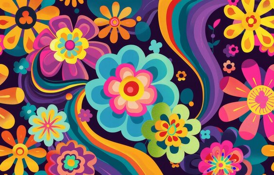 A 60s flower power motif with psychedelic colors and patterns, providing a groovy background for nostalgic designs