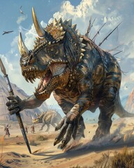 A Carnotaurus as a Zulu warrior, its powerful build and horns adding to the ferocity of its charge