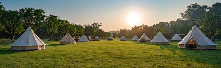An outdoor meadow with white camping tents against a background of blue sky and green trees. - obrazy, fototapety, plakaty
