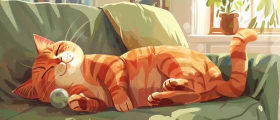 A chubby cartoon cat lying down, lazily swatting at a small ball, with a cozy room setting in soft, warm colors - obrazy, fototapety, plakaty