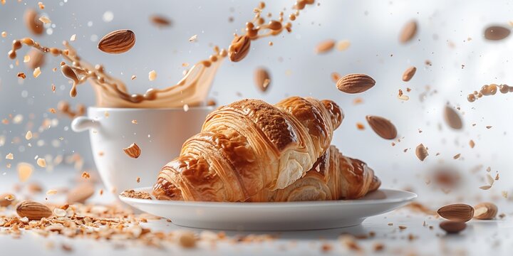 Flakes of golden croissant rest elegantly on a plate, accompanied by almonds and a blast of coffee, all in a moment of delightful morning breakfast