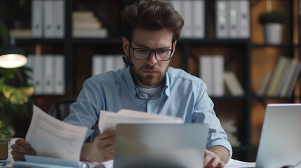 Serious young man accountant, auditor, analyst works in the office at the table behind the laptop and with documents. Writes invoices, makes analysis, fills out financial reporting and taxation - obrazy, fototapety, plakaty