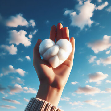 hand holding a cloud against a background of blue sky with white fluffy clouds