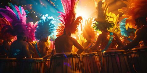 Brazilian Carnival Theme with Dancers Samba Drums and Christ the Redeemer with Copy Space - obrazy, fototapety, plakaty